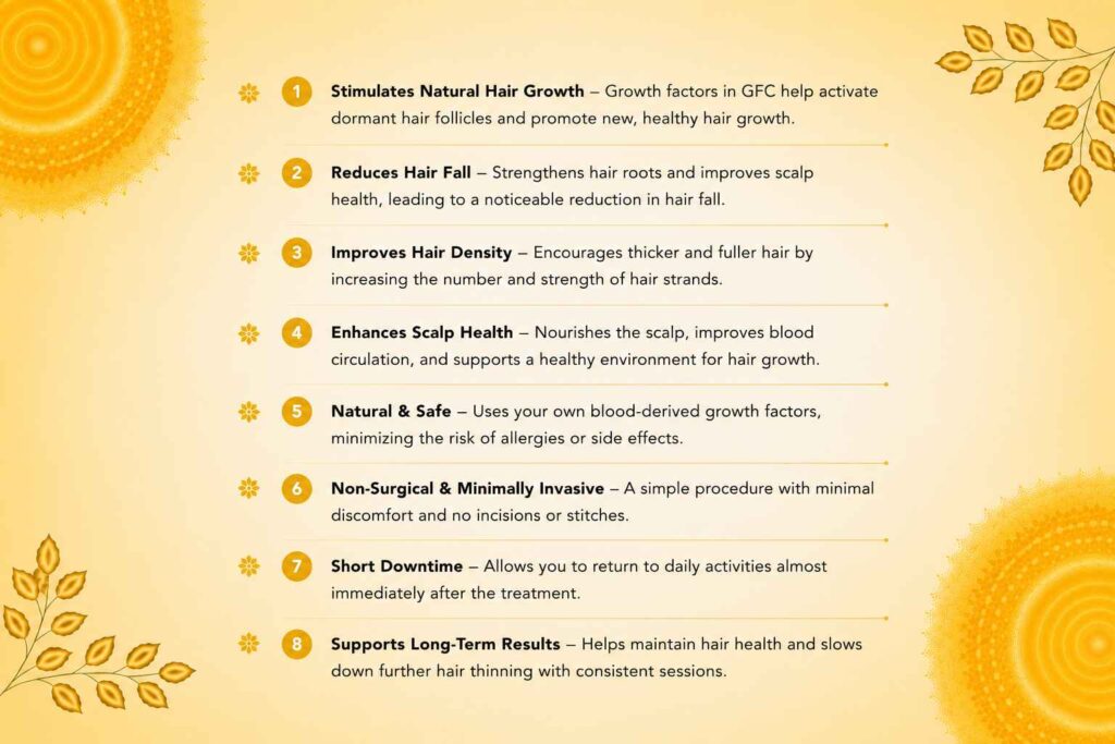 Infographic highlighting the benefits of GFC Hair Treatment, including natural hair growth, reduced hair fall, improved hair density, and healthier scalp.