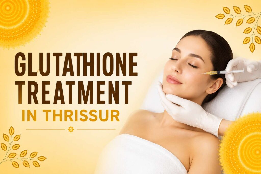 Woman receiving glutathione treatment in Thrissur for skin brightening and rejuvenation.