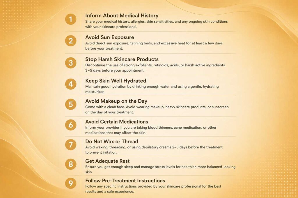 Preparation tips for BB Glow treatment including skincare, sun exposure, hydration, makeup, and pre-treatment care