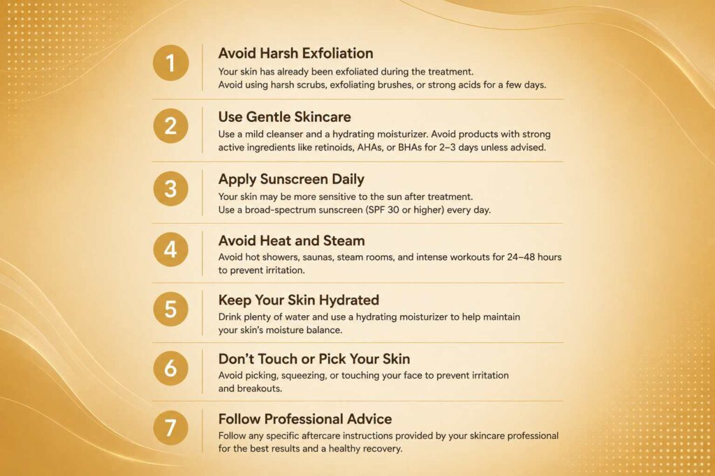 HydraFacial aftercare tips including gentle skincare, sunscreen, hydration, avoiding harsh exfoliation, heat, steam, and skin picking.