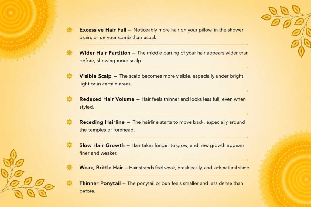 Infographic showing common signs that may indicate hair thinning, including excessive hair fall, wider hair partition, visible scalp, and reduced hair volume.