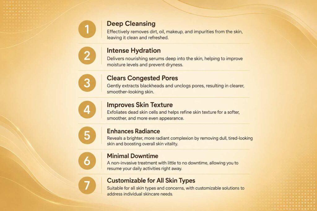 Infographic showing seven benefits of HydraFacial treatment including deep cleansing, hydration, clearer pores, smoother texture, radiance, minimal downtime, and customization.