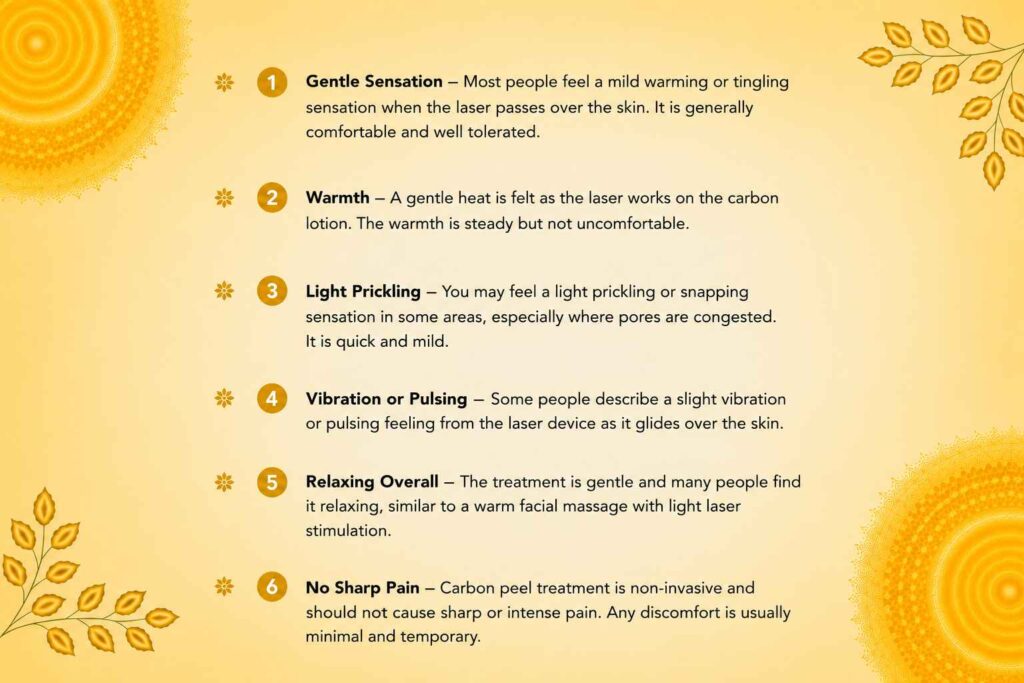 Infographic explaining what the skin typically feels like during a carbon peel treatment, including warmth, tingling, light prickling, and overall comfort.